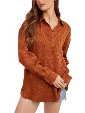 Hem & Thread Rust Bronze Checkered Satin Button Down Shirt Size M